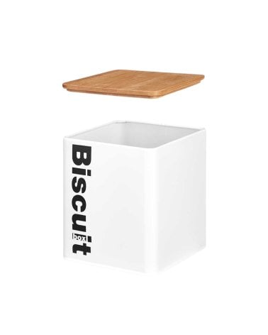 Bote Blanco de Metal para Galletas con Tapa de Bambú