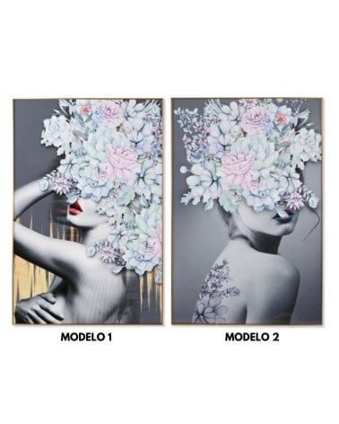 Cuadro de Aluminio con Lienzo de Mujer con Flores