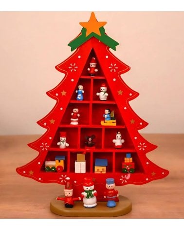 Mini Árbol Rojo de Madera con Personajes
