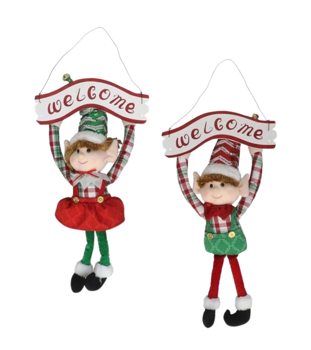 Cartel Colgante Elfo Navideño con Bienvenida