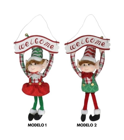 Cartel Colgante Elfo Navideño con Bienvenida