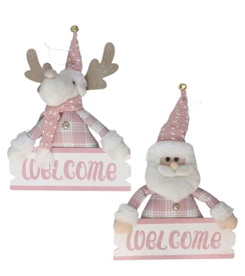 Peluches Navideños con Cartel de Bienvenida Rosa
