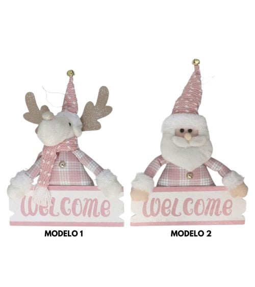 Peluches Navideños con Cartel de Bienvenida Rosa