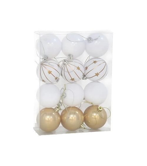 Set de 12 Bolas Blancas y Doradas para Árbol