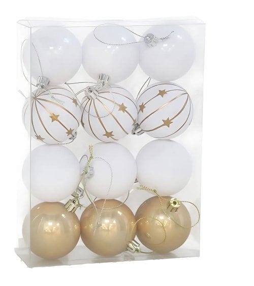 Set de 12 Bolas Blancas y Doradas para Árbol
