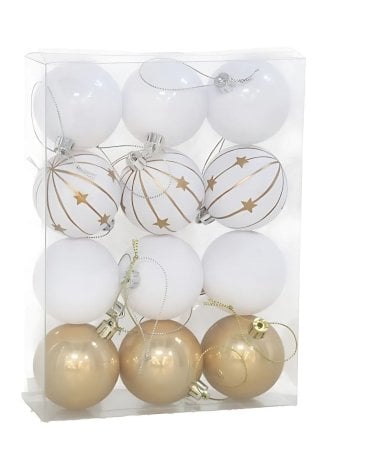 Set de 12 Bolas Blancas y Doradas para Árbol