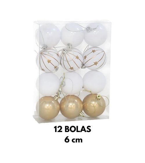 Set de 12 Bolas Blancas y Doradas para Árbol