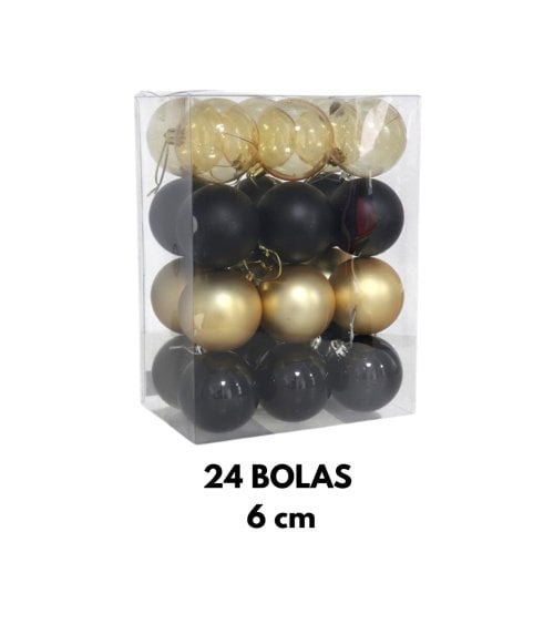 Set de 24 Bolas Elegantes Negro y Dorado para Árbol