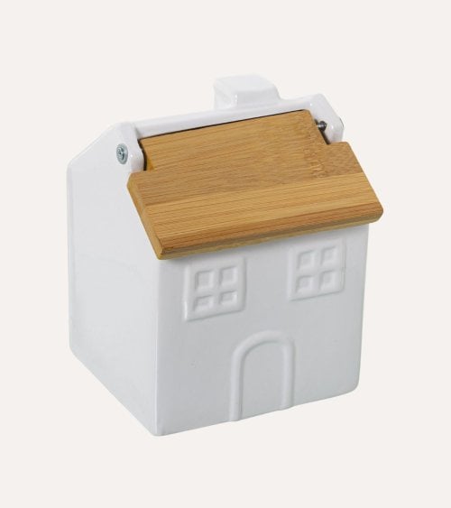 Salero Casita de Cerámica con Tapa de Bambú