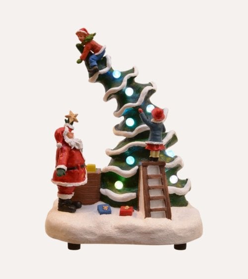 Escena Navideña de Papá Noel con Arbol con Luz y Movimiento