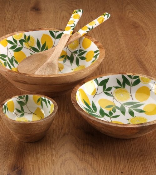 Ensaladera Limones de Madera y Porcelana