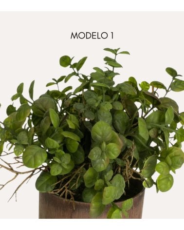 Planta Decorativa en Maceta con Acabado de Madera