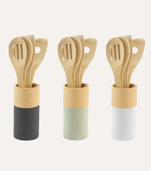 Set de 4 Utensilios de Bambú con Bote