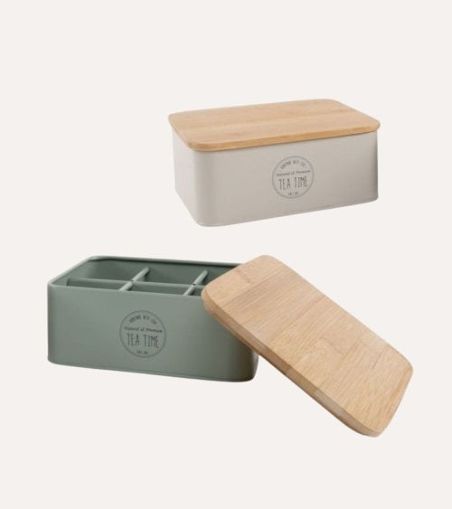 Caja de Te con 6 Compartimentos de Metal con Tapa de Bambú