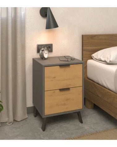 Mesita de Noche Salor Gris y Roble de 2 Cajones