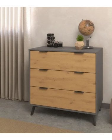 Cómoda Salor Gris y Roble con 3 Cajones