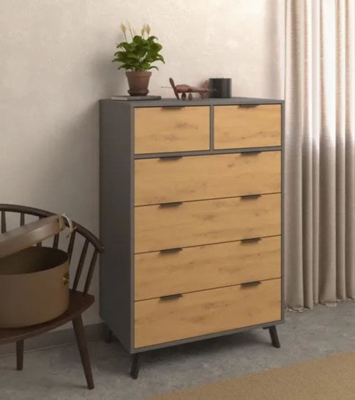 Cómoda Color Gris y Roble con 6 Cajones