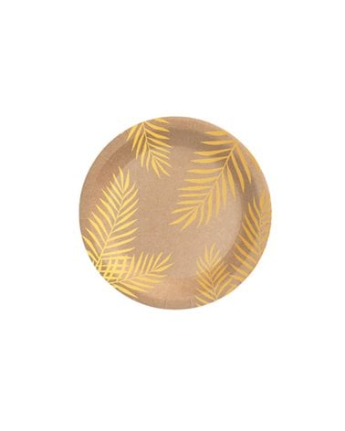 Plato de Postre Biodegradable Kraft con Hojas Doradas Pack 8