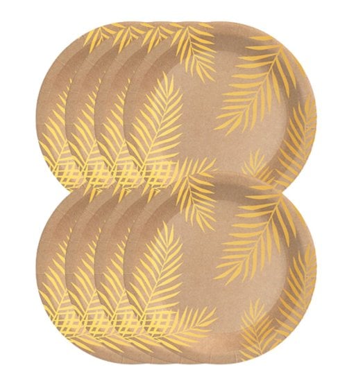Plato de Postre Biodegradable Kraft con Hojas Doradas Pack 8
