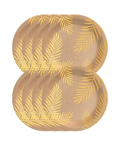 Plato de Postre Biodegradable Kraft con Hojas Doradas Pack 8