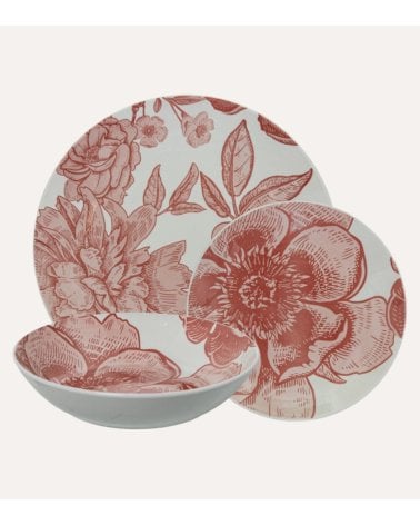 Vajilla de 18 Piezas Flores Rojas de Porcelana