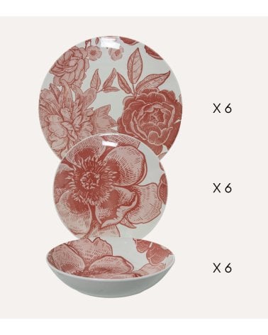 Vajilla de 18 Piezas Flores Rojas de Porcelana