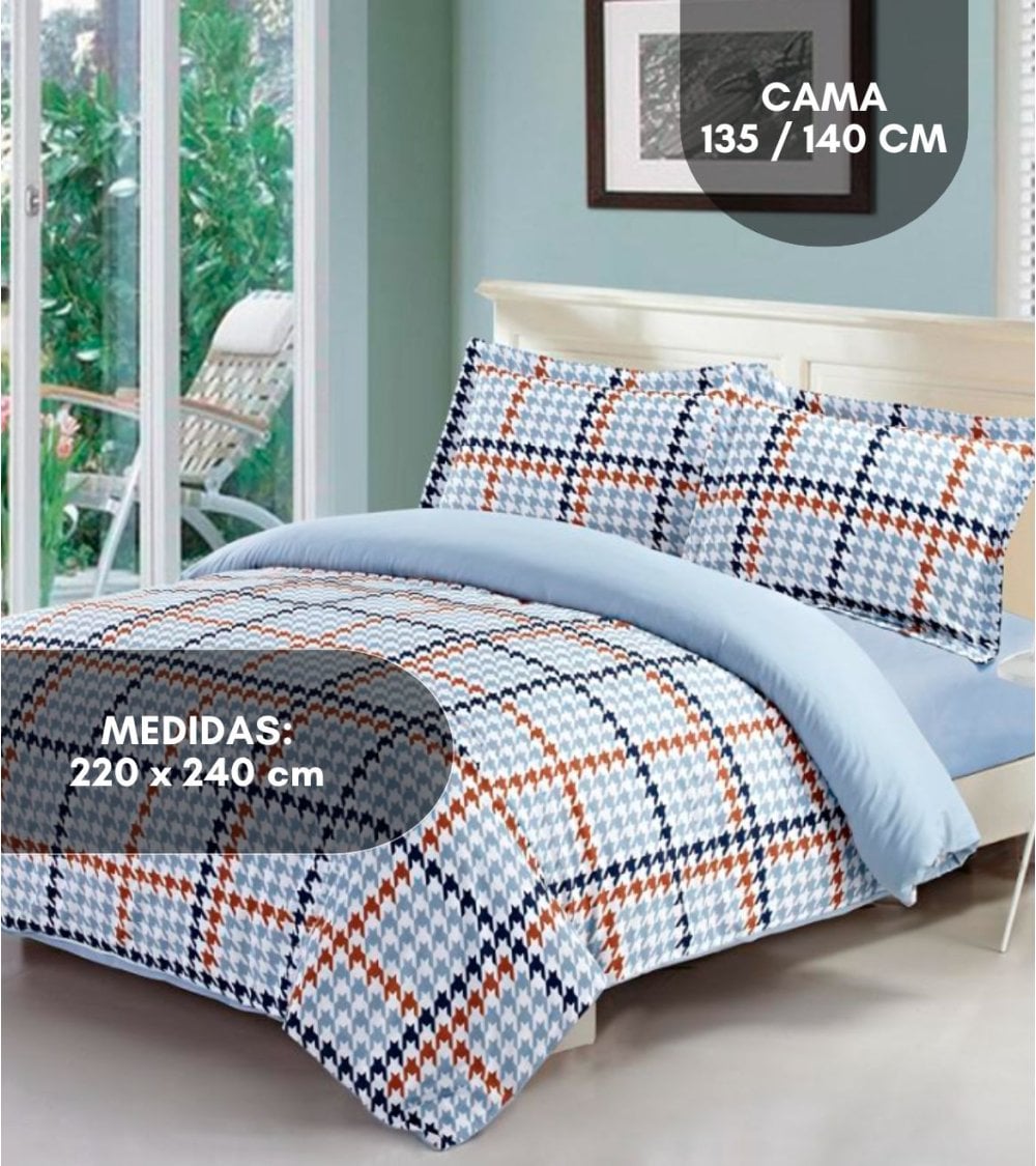 Funda Nórdica A Cuadro con 2 Fundas para Almohadas