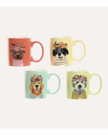 Taza Mug de Perro con Flores de Porcelana