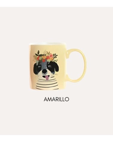 Taza Mug de Perro con Flores de Porcelana