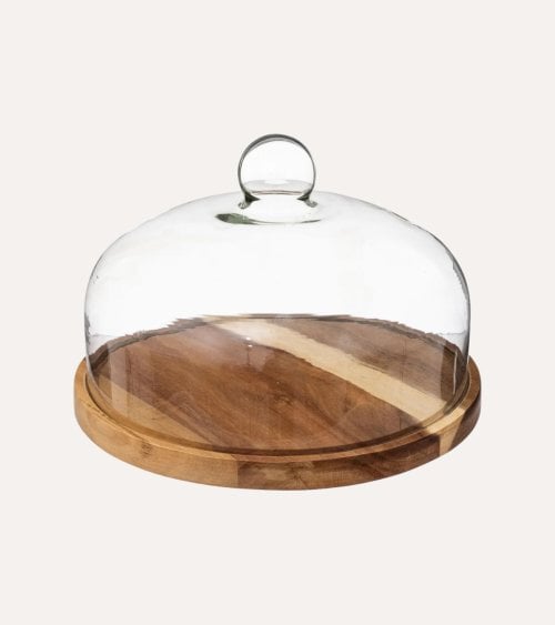 Quesera con Campana de Cristal y Bandeja de Acacia