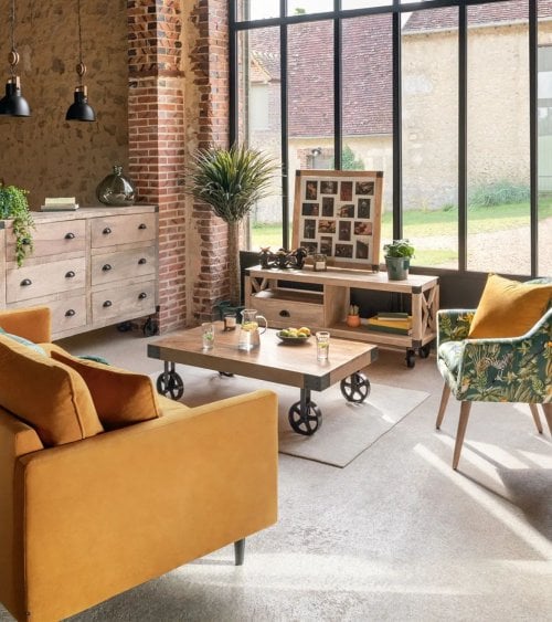 Mesa de Centro Baja con Ruedas de Madera y Metal