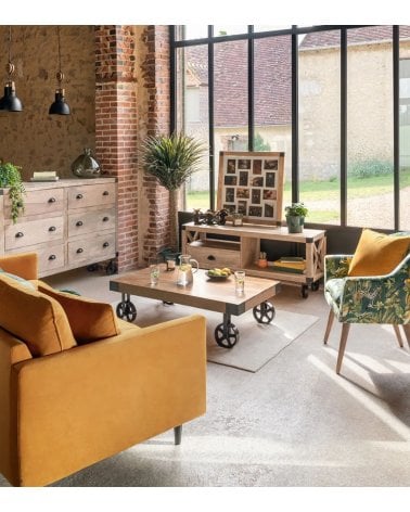 Mesa de Centro Baja con Ruedas de Madera y Metal