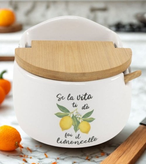 Azucarero con Dibujo de Limones y Tapa de Madera