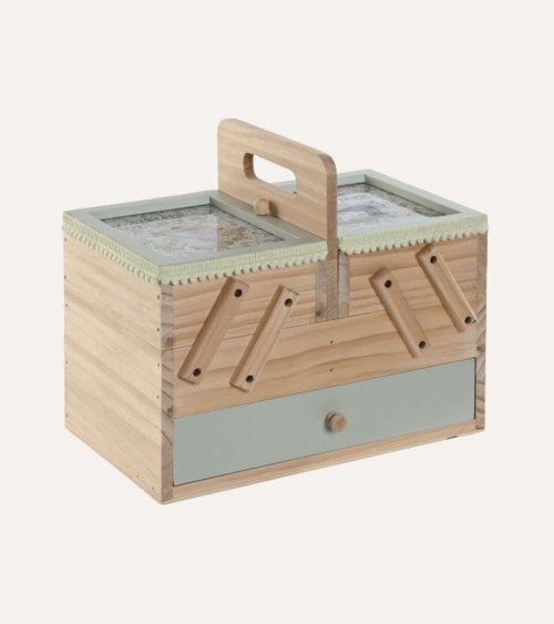 Costurero Verde con Compartimientos y Cajón de Madera