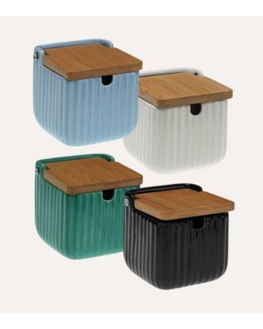 Azúcarero Rayas con Cuchara de Dolomita y Tapa de Bambú