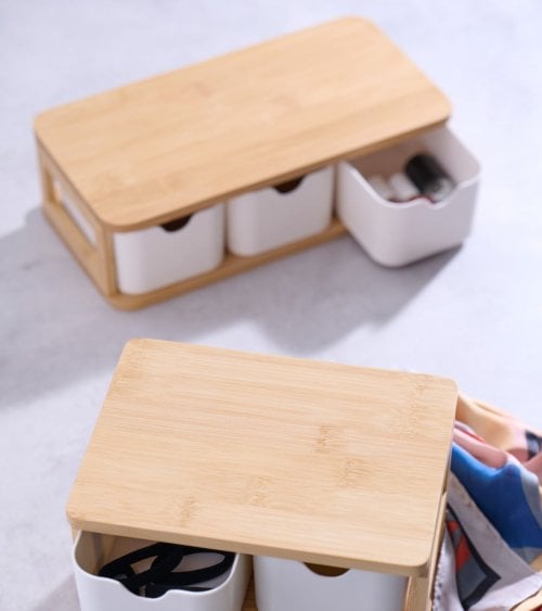 Caja de Almacenamiento Horizontal con 3 Cajones de Bambú