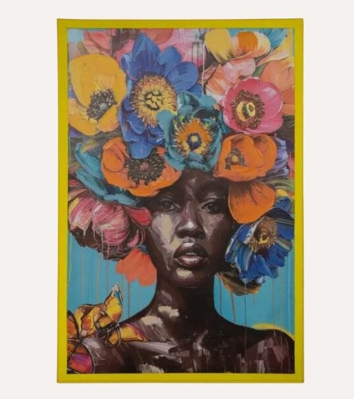 Cuadro Lienzo de Mujer con Flores en Marco Amarillo