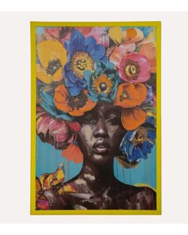 Cuadro Lienzo de Mujer con Flores en Marco Amarillo