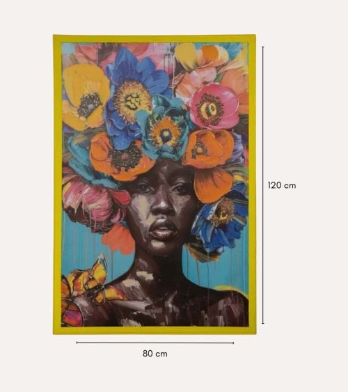 Cuadro Lienzo de Mujer con Flores en Marco Amarillo