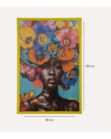 Cuadro Lienzo de Mujer con Flores en Marco Amarillo