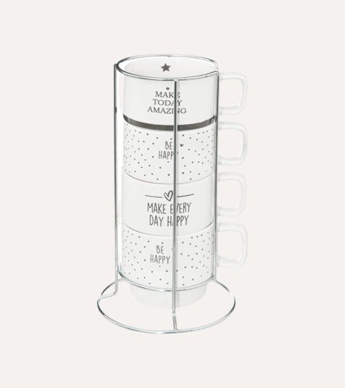 Soporte de 4 Tazas Altas Happy de Porcelana