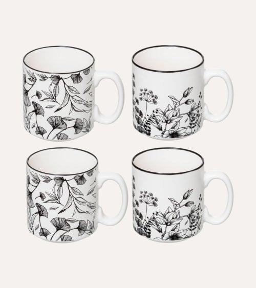 Soporte de 4 Tazas Altas Floral de Porcelana