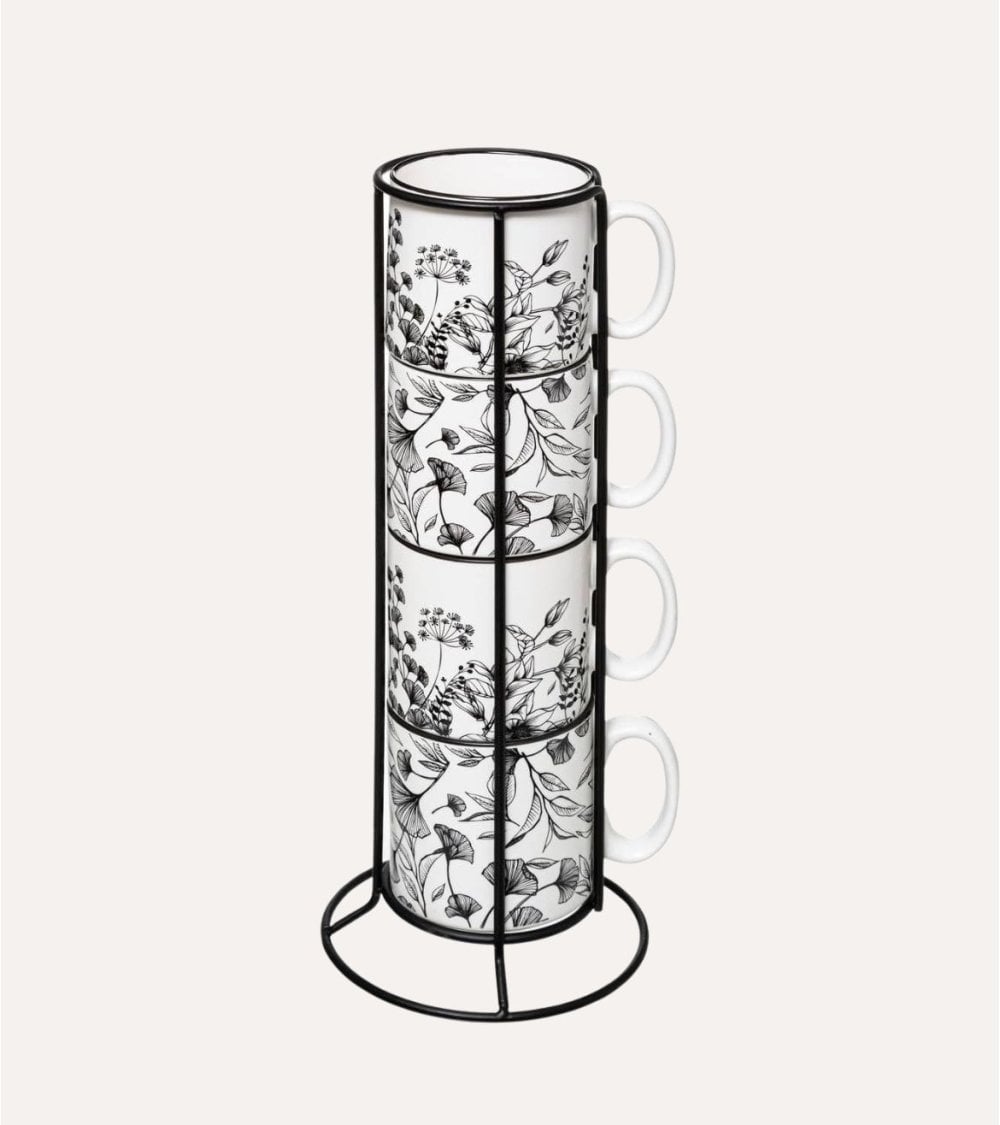 Soporte de 4 Tazas Altas Floral de Porcelana