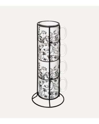 Soporte de 4 Tazas Altas Floral de Porcelana