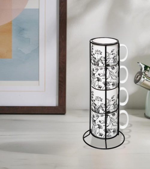 Soporte de 4 Tazas Altas Floral de Porcelana
