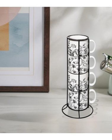 Soporte de 4 Tazas Altas Floral de Porcelana