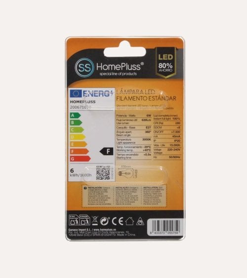 Bombilla LED Estándar E27 6W Transparente