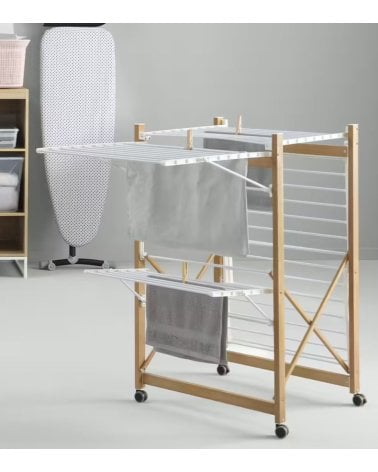 Tendedero Plegable con Ruedas de Madera y Metal -1