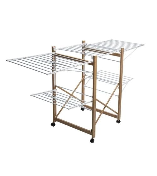 Tendedero Plegable con Ruedas de Madera y Metal -2