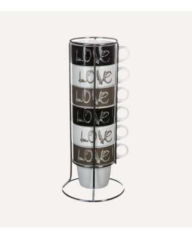 Set de 6 Tazas Love con Base de Porcelana y Hierro